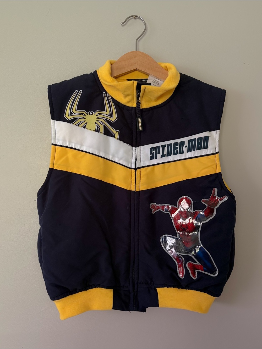VTG 2006 Spider-Man Kids Puffer Vest in Navy and Yellow